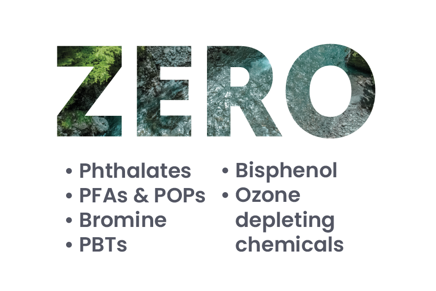Zero Phthalates, PFAs & POPs, Bromine, PBTs, Bisphenol, Ozone depleting chemicals