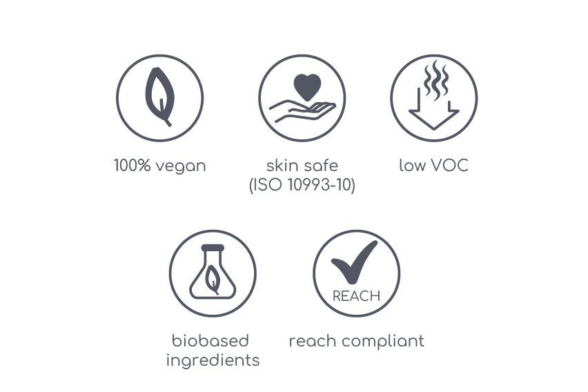 Reach compliant, Skin-safe, Low VOC, Biobased ingredients, 100% vegan